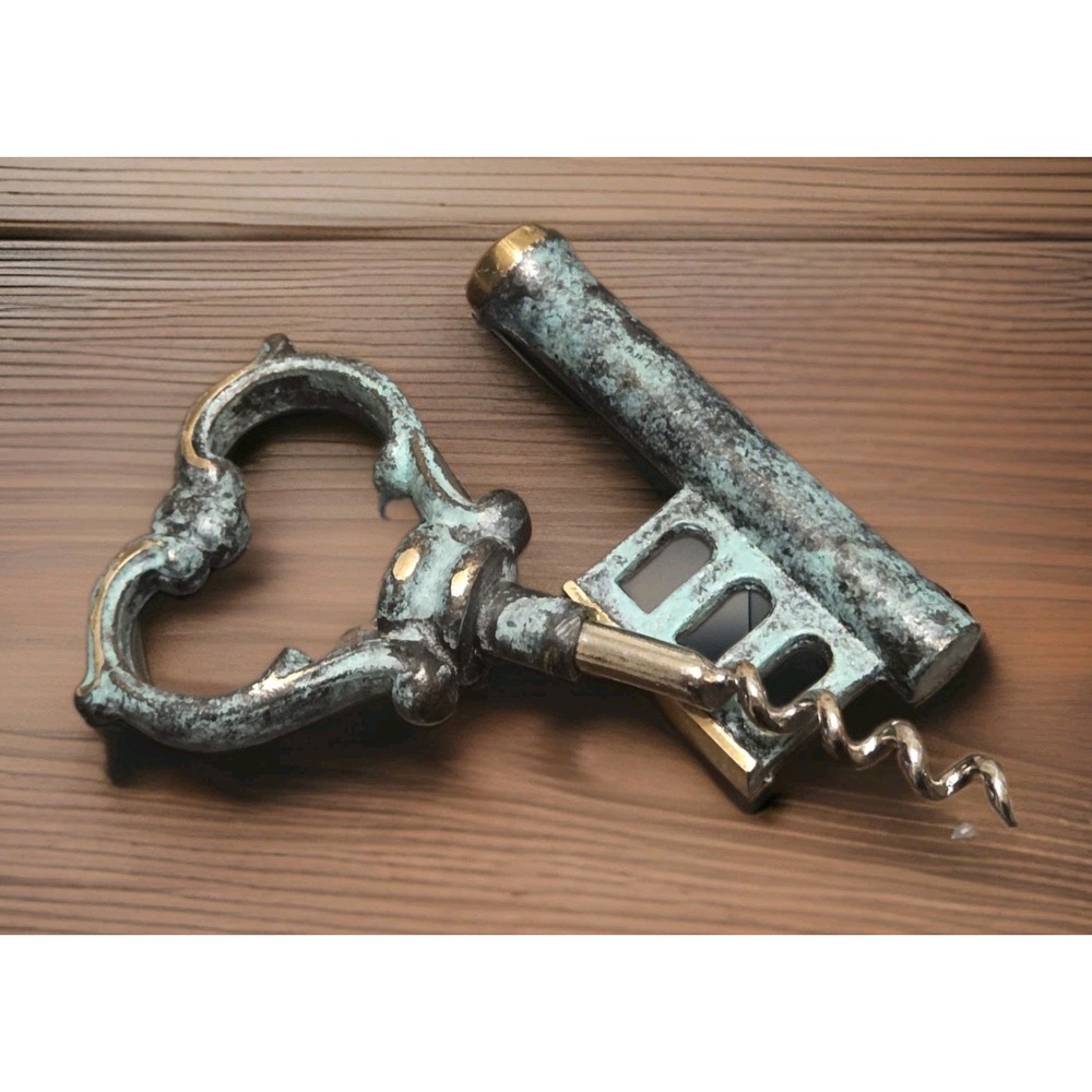 Vintage Brass Key Shaped Wine Key & Bottle Opener Green Patina Finish 5.5"